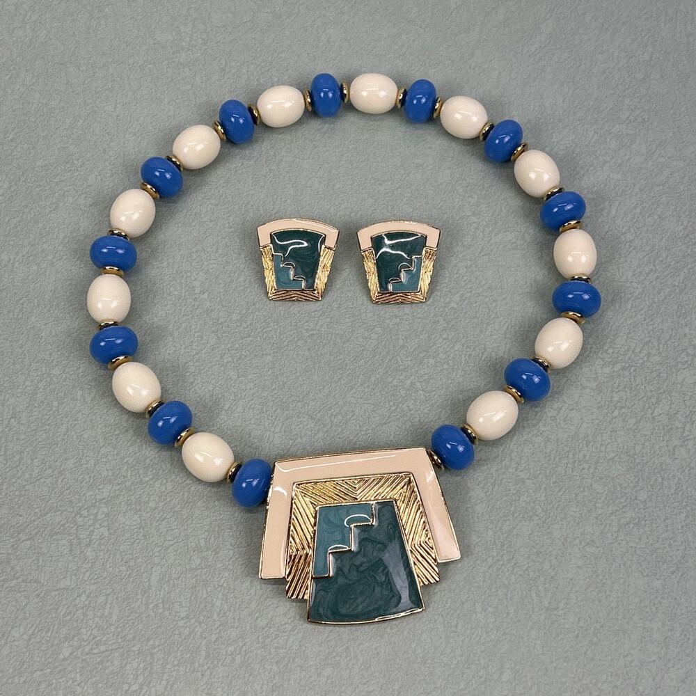 Trifari Aztec Necklace Clip-on Earrings Gold Turquoise Blue Cream Vintage